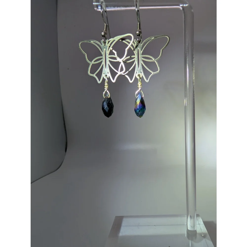 Butterfly Dangle Earrings, Stainless Steel Black Metallic Glass Teardrop Beads